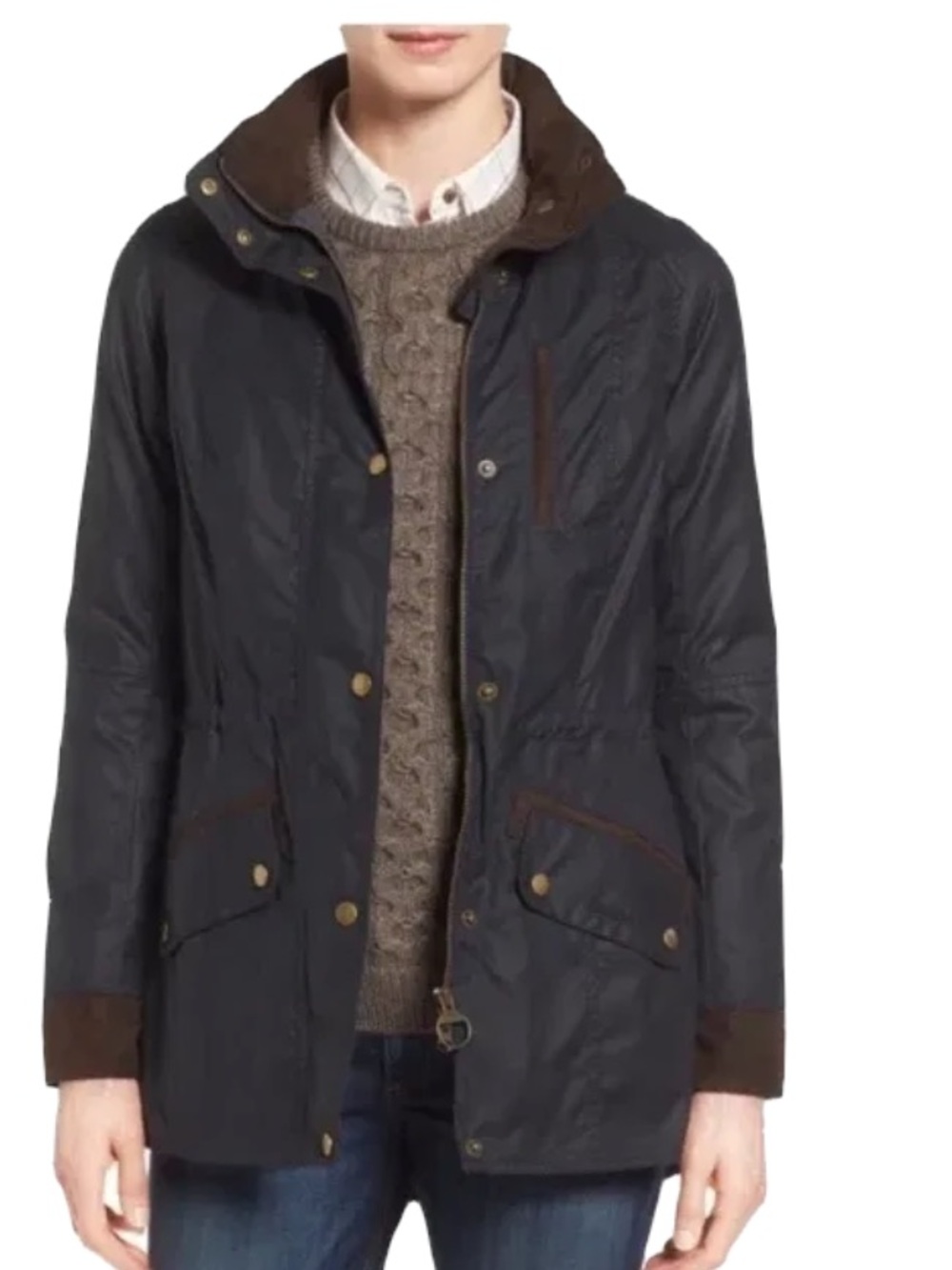 Barbour Women’s Hooded Navy Waxed Cotton Utility Jacket with Brown Trim